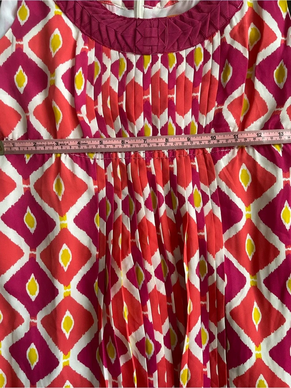 Tory Burch Summer Fuchsia-Red-White-Yellow Geometric Silk Dress with neck trim 4